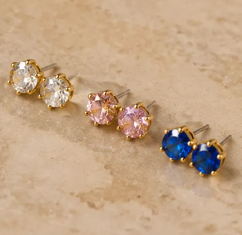 Zirconia Stud Earring Set- Pink, Blue & White (3 Pairs)